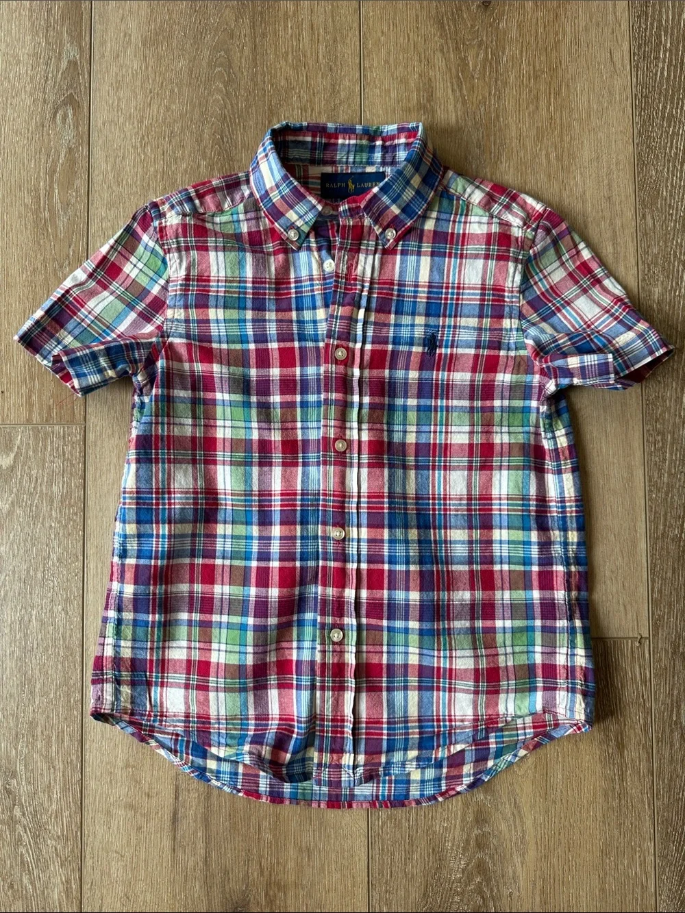 Ralph Lauren Plaid Button Down Shirt Boys Size 6 Red Blue Green Short Sleeve